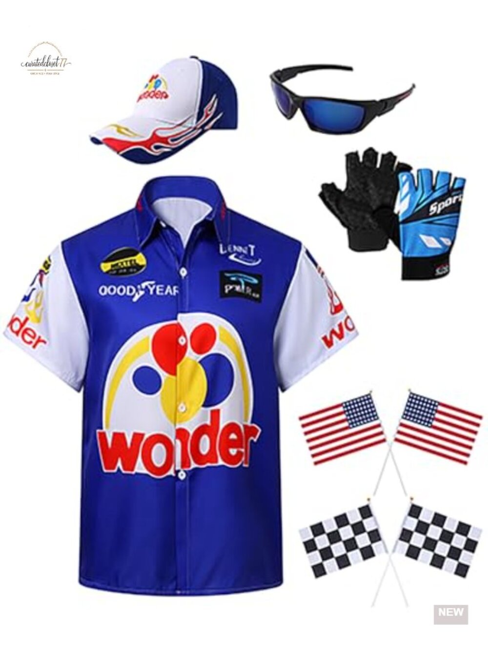 Talladega Nights Ricky Bobby Costume Set 6pcs Halloween Racer Cosplay Shirt Hat